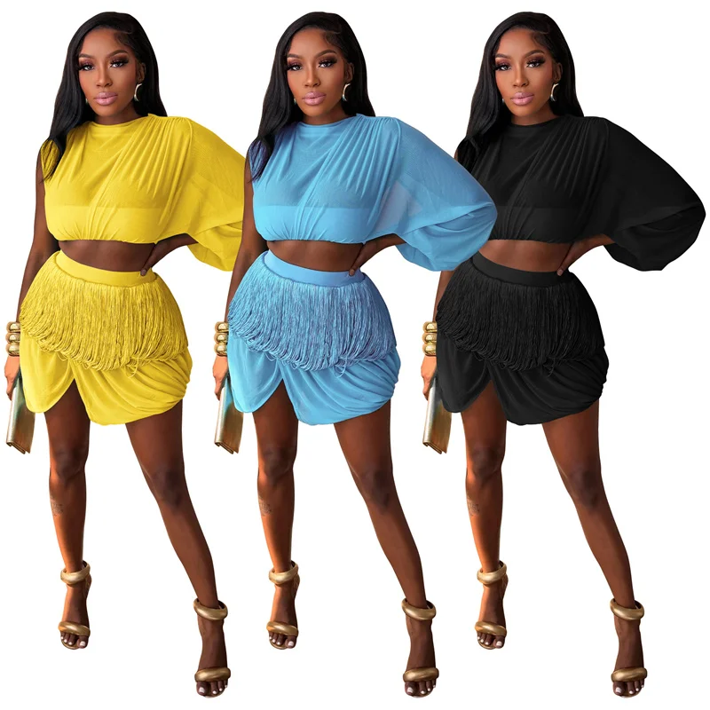Doyerl Mesh Tassel Birthday Dress Sets Woman Two Piece Set Club Party Split Long Sleeve Crop Top and Mini Skirt Matching Sets view 6
