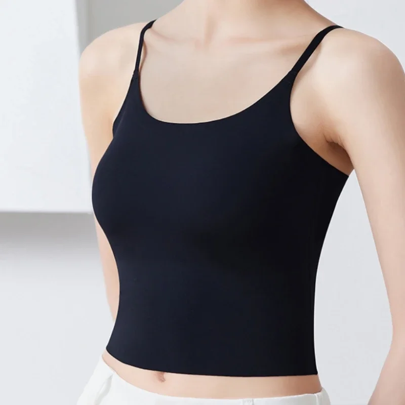 여성 섹시한 솔리드 컬러 캐미솔 아이스 실크 튜브 원활한 스포츠 탱크 탑 무선 속옷 패딩 브래지어 Bralette Vest