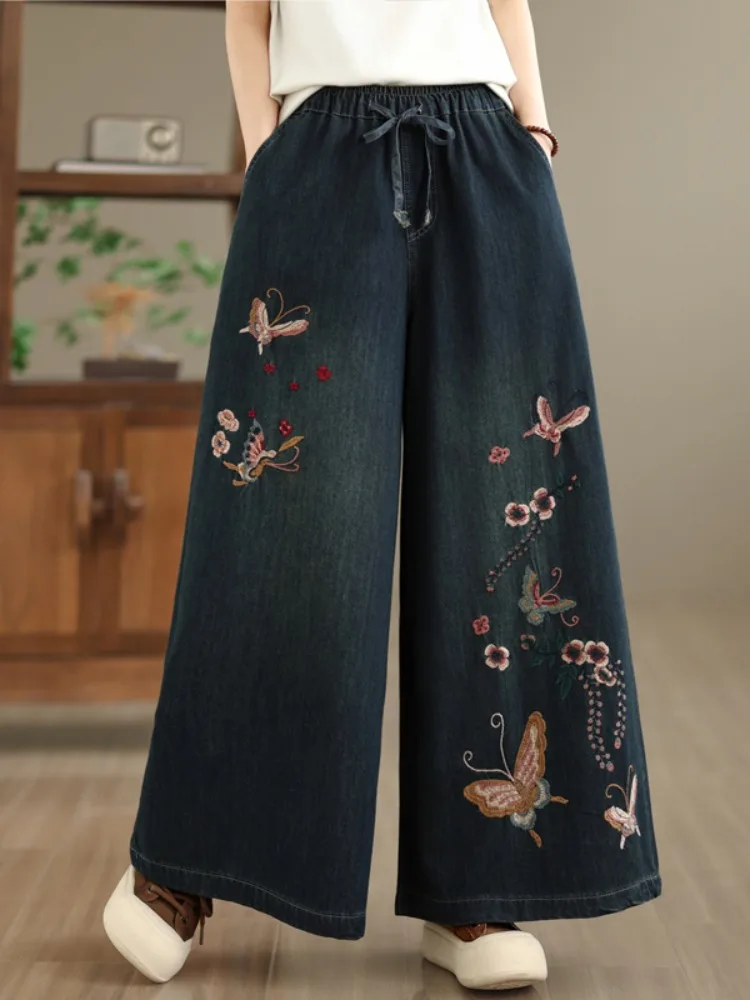 

Ele Embroidery Dstring Waist Casual Loose Leggings Women's Jeans Retro Sle Spring Season Elastic Cotton Po...
