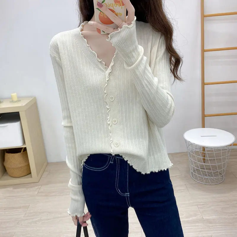 Autumn Winter Female 2023 New Lazy Style Long Sleeve Knitted Tops Solid Color Thin Loose Fitting Cardigan Sweater Short Jacket