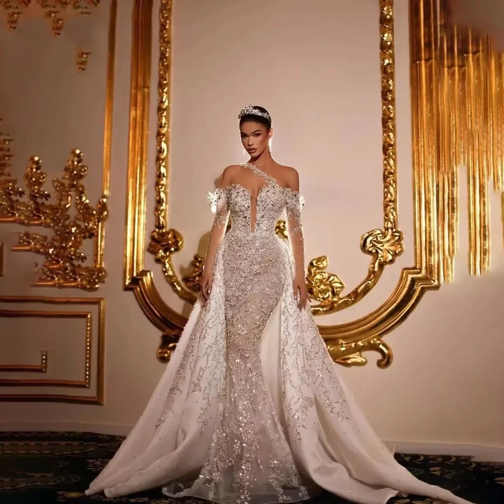 

Customized Glitter Beads Wedding Dress Rhinestones Bride Robe Detachable Train Bridal Dress Sexy Illusion Vestido De Novia