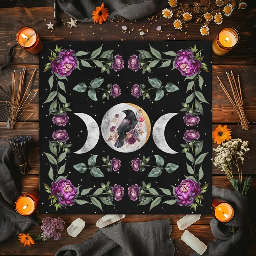 VIKAMA Triple Moon Raven Tarot Altar Cloth Purple Peony Witchcraft Divination Mat for Tarot Reading Spiritual Floral Home Decor