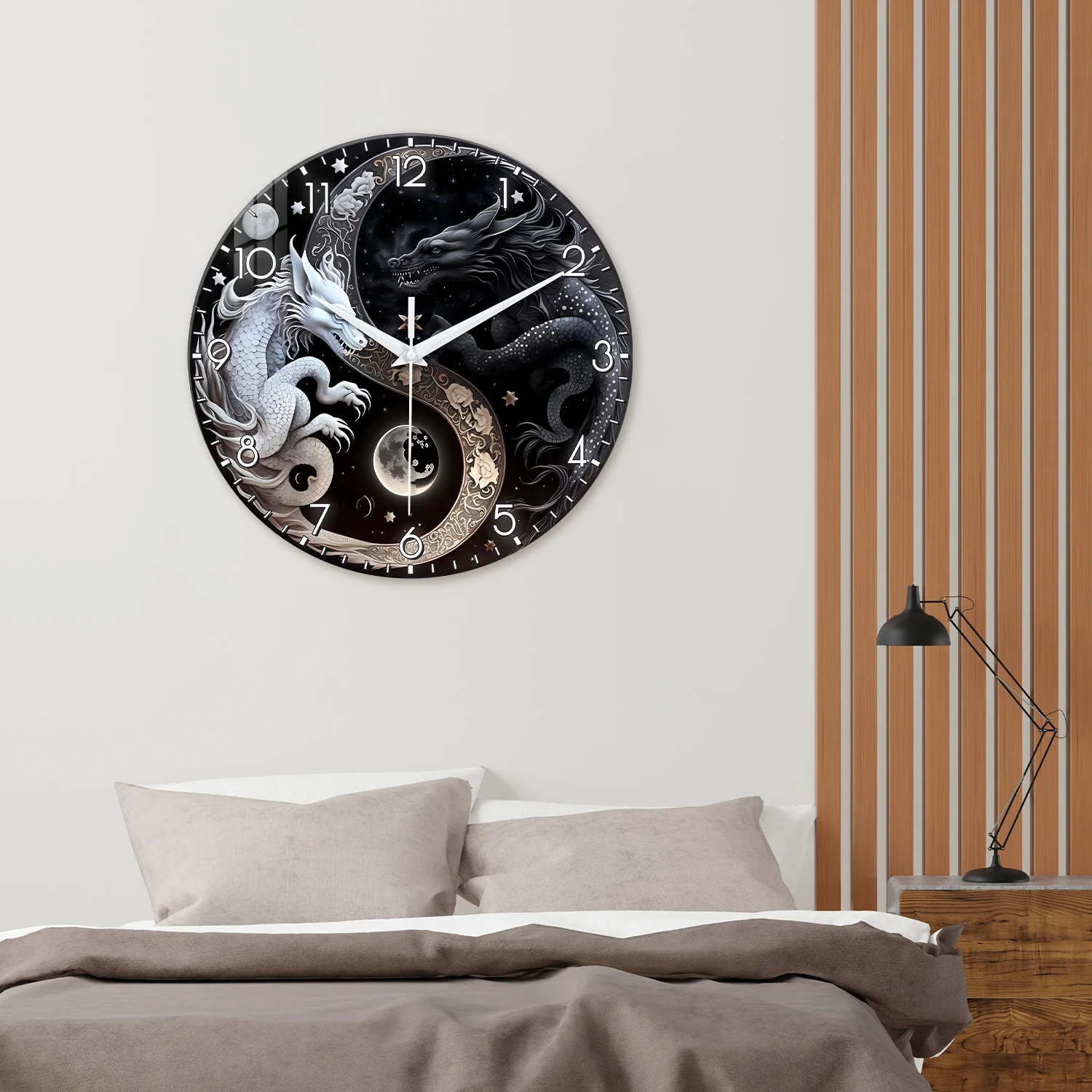 1pc glass wall clock, Oriental mythology black and white dragon design wall clock, home mute clock, decorate the living room