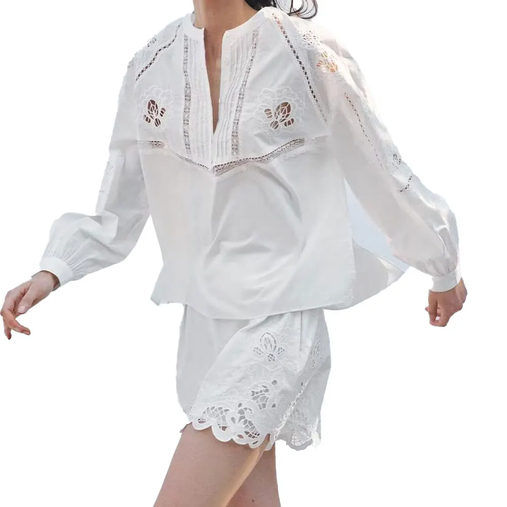 Willshela Damesmode Borduren Uitgehold Witte Blouse O-hals Lange Mouwen Vrouwelijke Chique Dame Koreaans Shirt