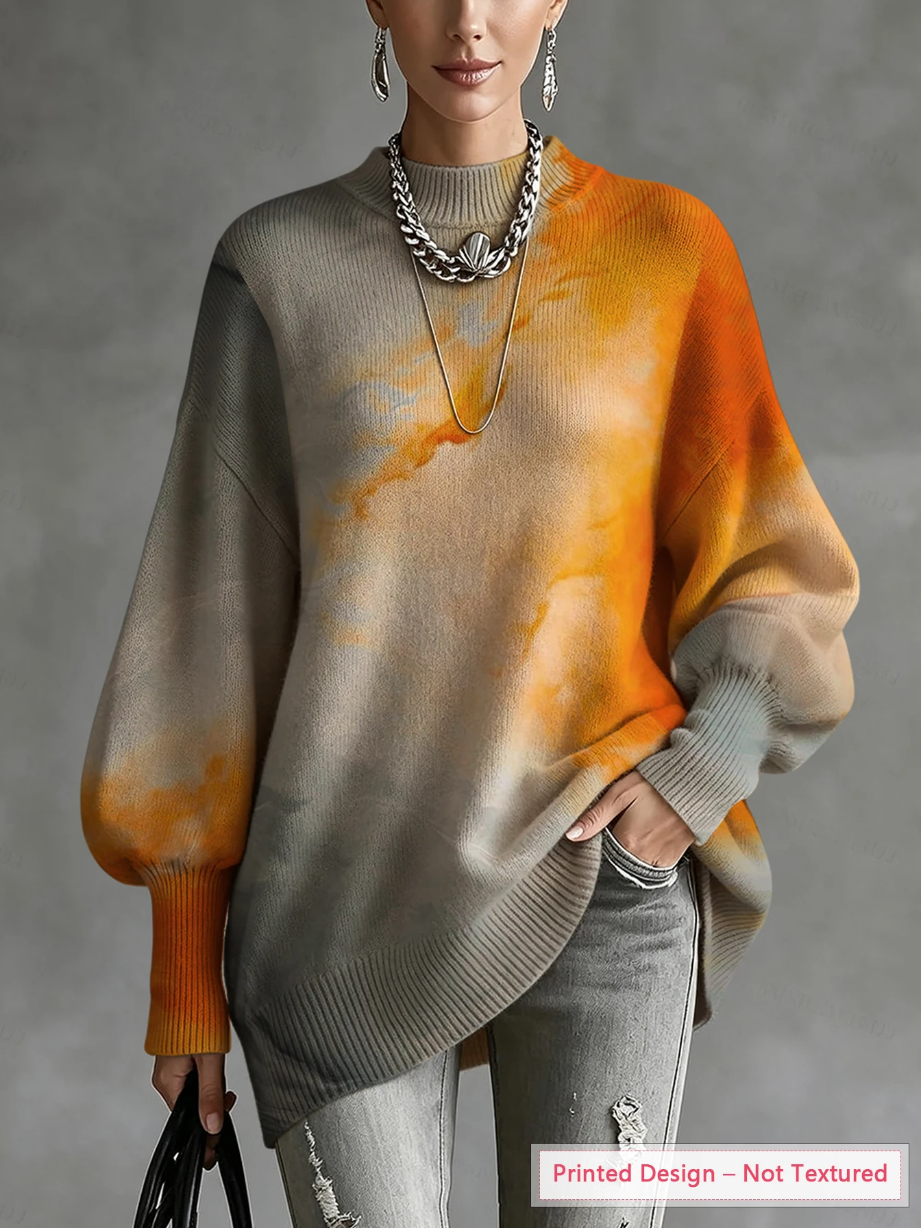 Women's Woolen Top with Artistic Gradient Print, Diagonal Hem and Lantern Sleeve Design, Vintage Casual Style, Thin for Autumn and Winter, Skin-Friendly Fabric
