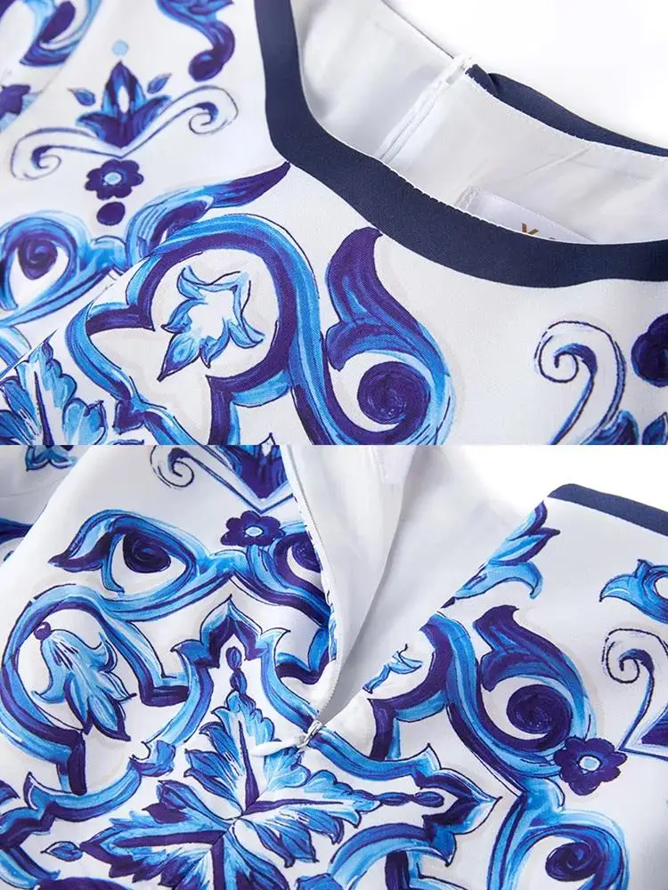 Autumn Runway Blue Yellow Red And White Porcelain Pencil Dress Women Long Sleeve O Neck Slim High Waist Split Midi Vestidos