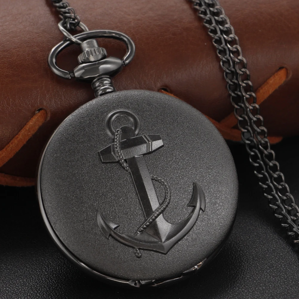 Marine Products Quartz Pocket Watch Black Anchor Logo Pattern Fob Chain Watch Pendant Necklace Gift Men's Children's Gift