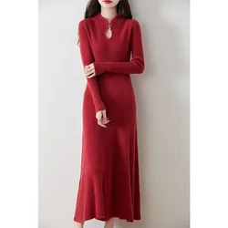 Women Dresses Plus Long Ankle-Length 100% Australian Wool Knitwears 5Colors Ladies Sexy-neck Full Sleeve A-line Dress Free Ship