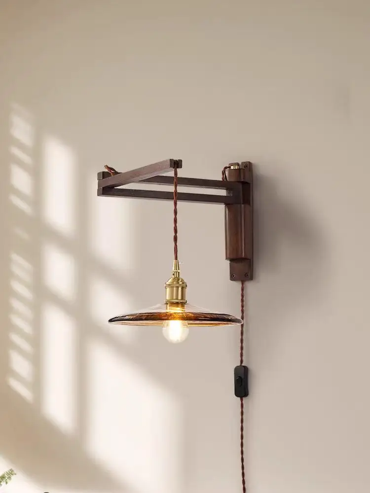 Mid ancient style swing arm wall lamp, bedroom bedside lamp, movable retro homestay, coffee shop, walnut wood color