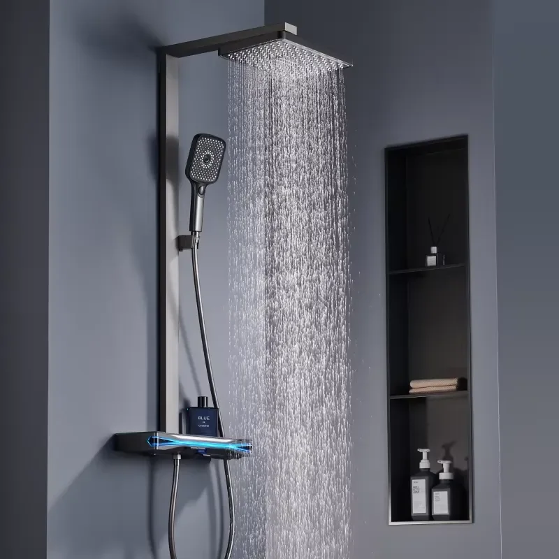 Modern Wall Mounted Smart Bathroom Shower Set Waterfall Rainfall Faucet Kit Luxury Home Hotel Bath Fixtures Black Chrome