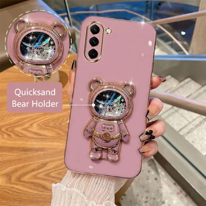 Phone Case For Samsung Galaxy S23 Plus Soft Silicone Luxury Plating Cartoon Bear Fold Stand Phone Case Cover