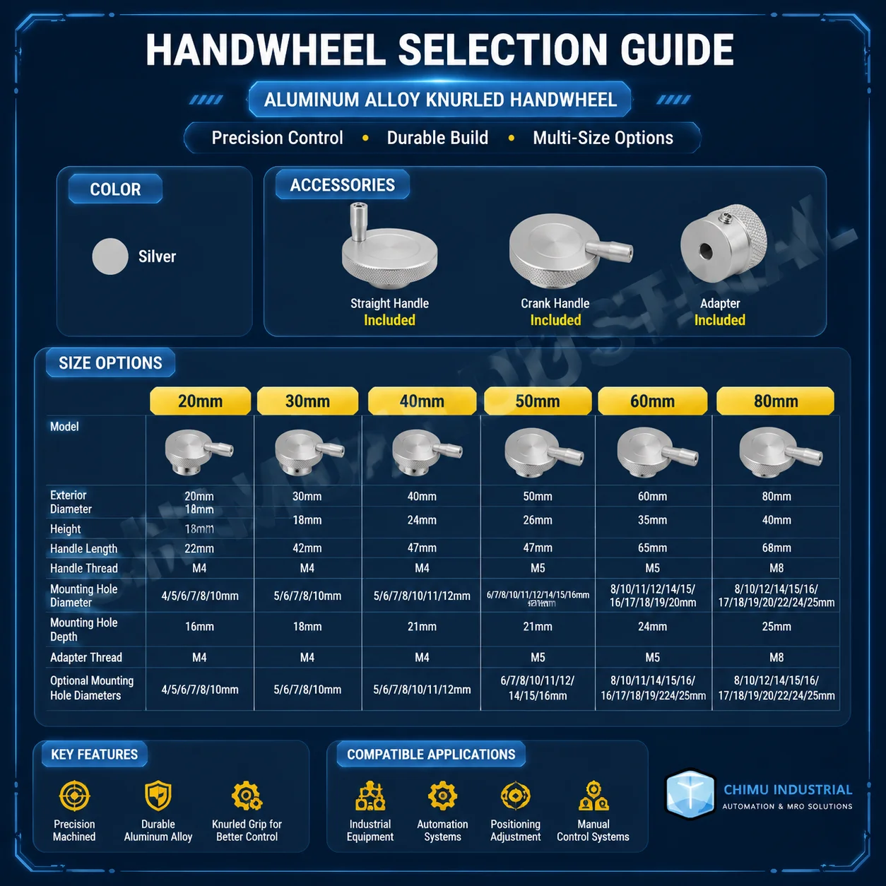 【CHIMU INDUSTRIAL】 Machine Tool Slide Table Manual Handwheel Aluminum Alloy Knurled Control Handle