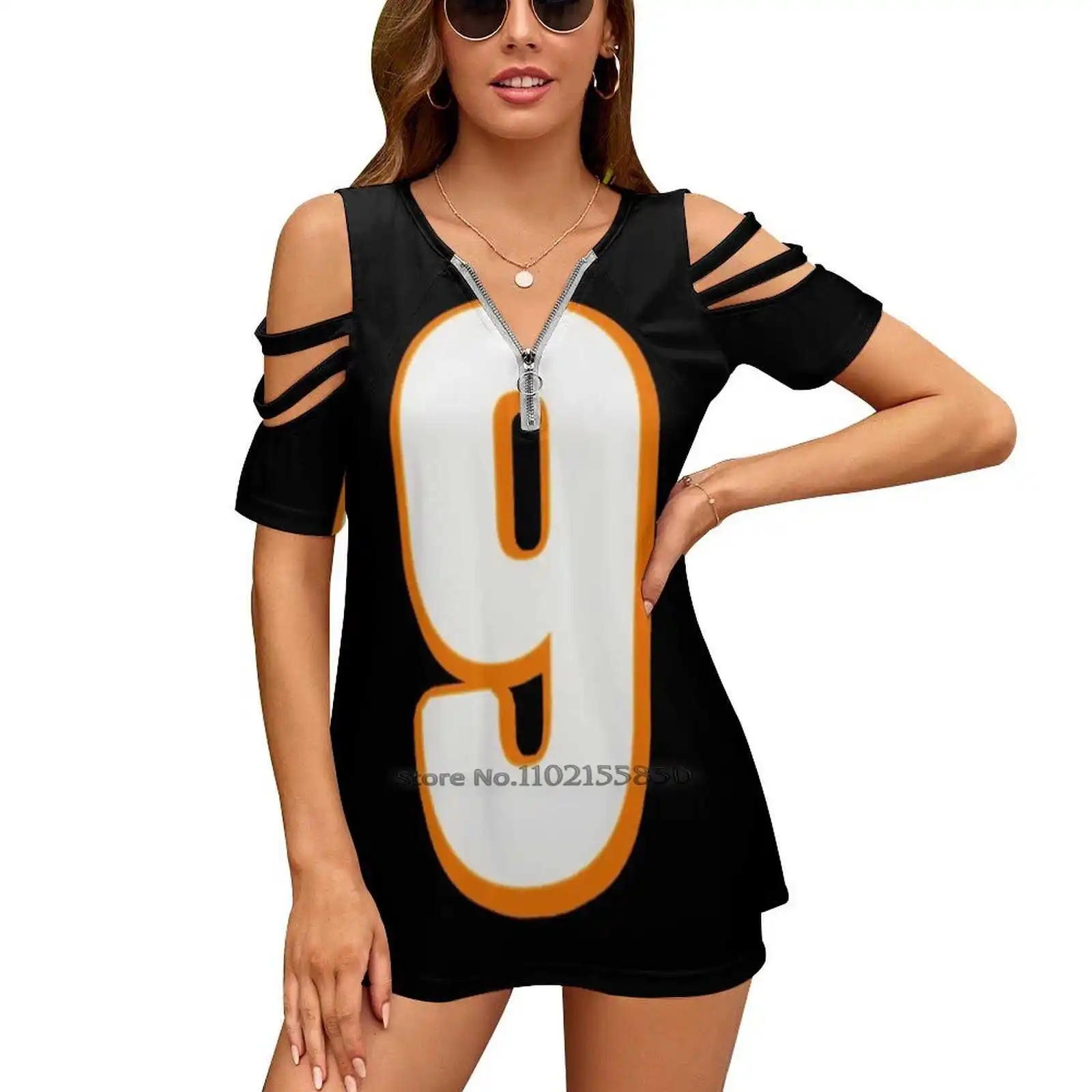 Burrow Jersey Women V Neck T-Shirt Casual Sexy T Shirts Hollow Out Zipper Pullover Top Joe Burrow Burrow Bengals Cincinnati