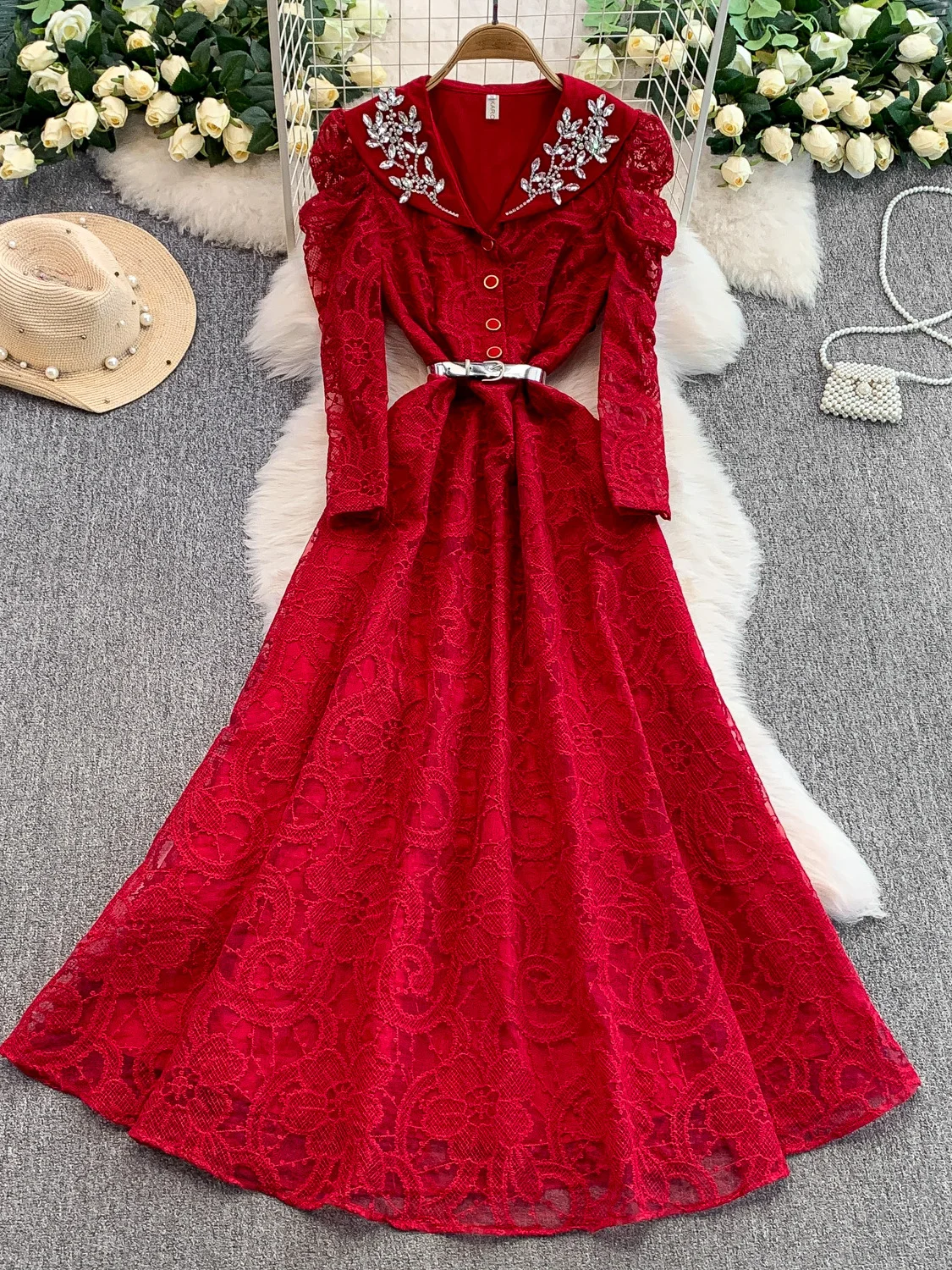 

Элегантное летнее свадебное платье миди с длинными рукавами, V-образным вырезом, кружевом и стразами, с поясом на талии, для женщин