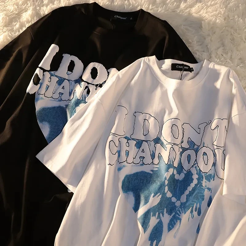 تي شيرت المرأة الكرتون الحب قصيرة الأكمام الجولة الرقبة تي شيرت المرأة شارع العليا فضفاض عادية الهيب هوب قميص المعتاد خمر نمط