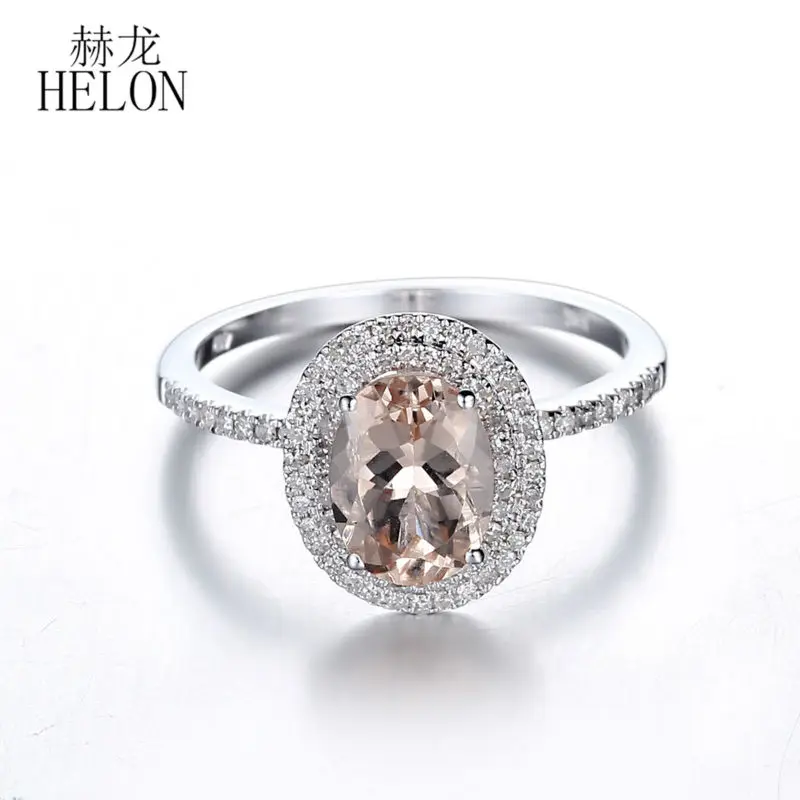 HELON Oval 7x5mm Genuine Morganite Ring Real 18k 14k 10K White Gold Natural Diamond Halo Engagement Ring Women Jewelry Best Gift