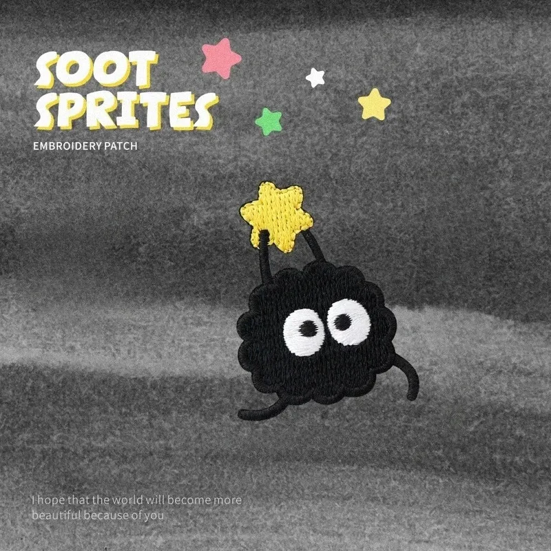 ملصق قماش مطرز، نمط فحم لطيف، قطعة واحدة، تصميم كرتوني أسود، رقعة ذاتية اللصق للملابس