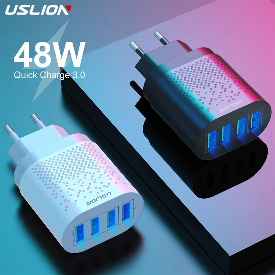 USLION EU/US/AU/KR/UK Plug USB Charger 3A QC3.0 Mobile Phone Charger For iPhone 14 Samsung Xiaomi 4 Port 48W Fast Wall Chargers