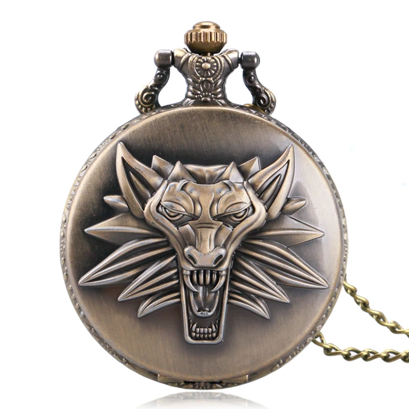 Bronzo roaring testa di leone in rilievo personalità collana orologio da tasca numeri arabi quadrante bianco