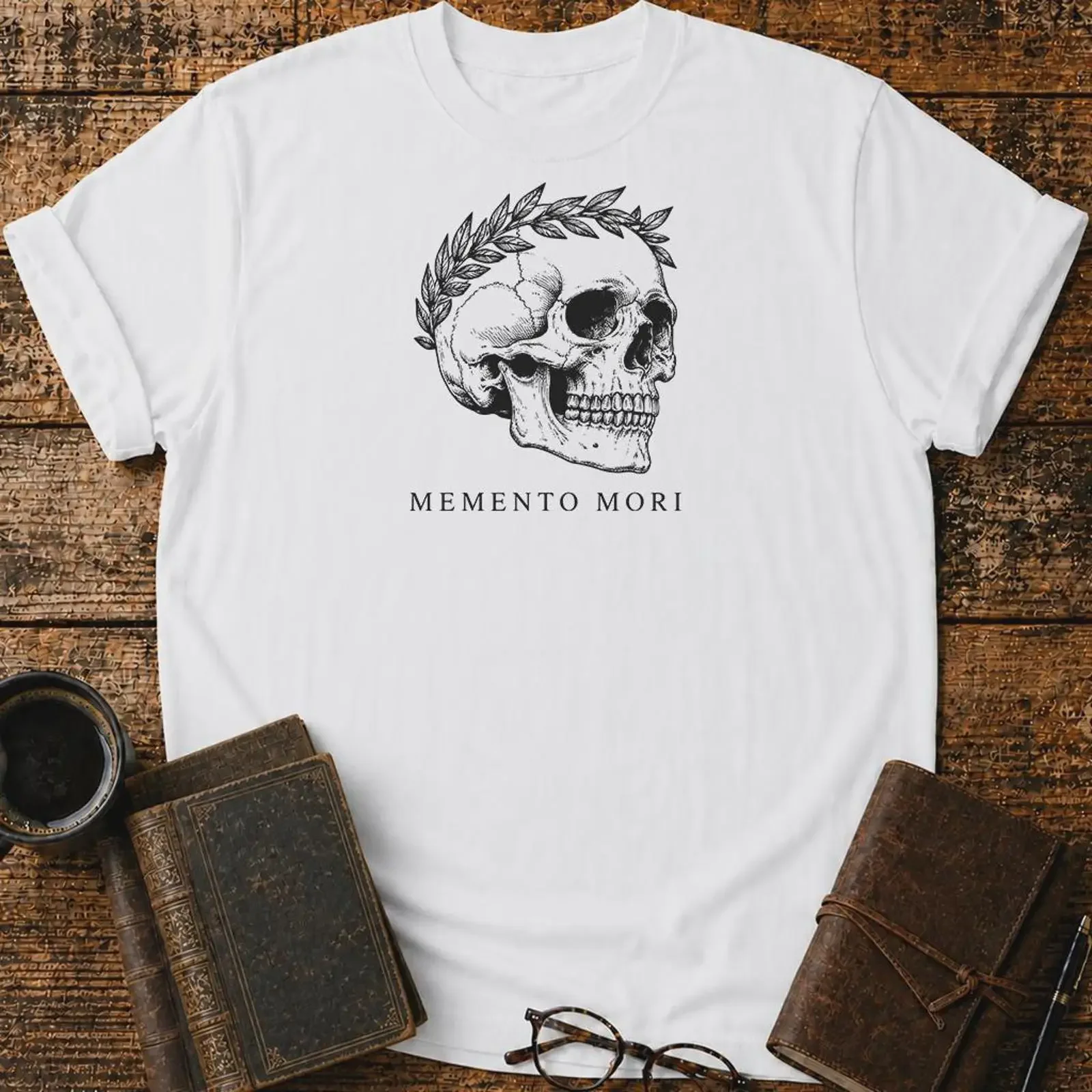 Memento Mori Skull T Shirt Laurel Wreath Stoic Philosophy Death Reminder  vintage Washed Slightly Stylish homme streetwear