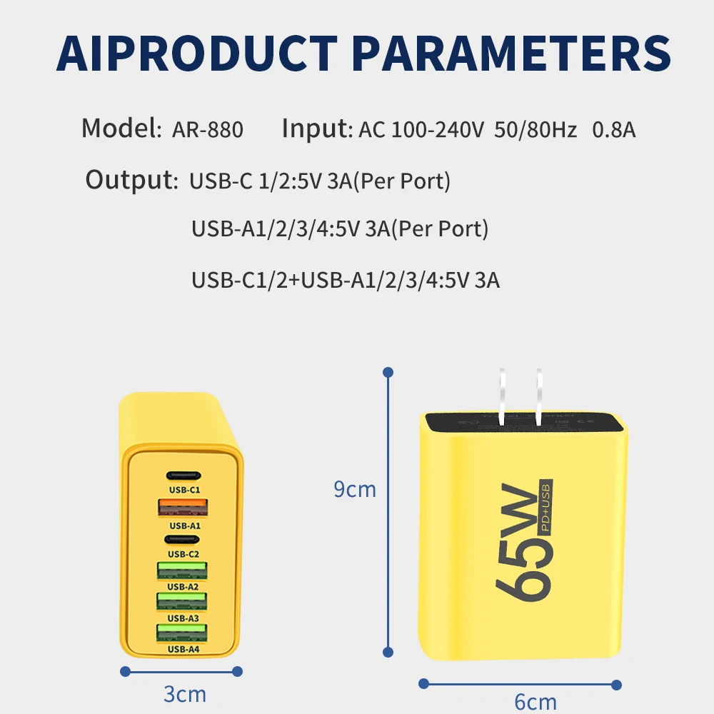 متعددة 6 منافذ الهاتف المحمول شحن سريع إجمالي 65 واط USB/PD الهاتف الذكي الجدار شاحن الاتحاد الأوروبي/الولايات المتحدة التوصيل آيفون سامسونج Xiaomi هواوي