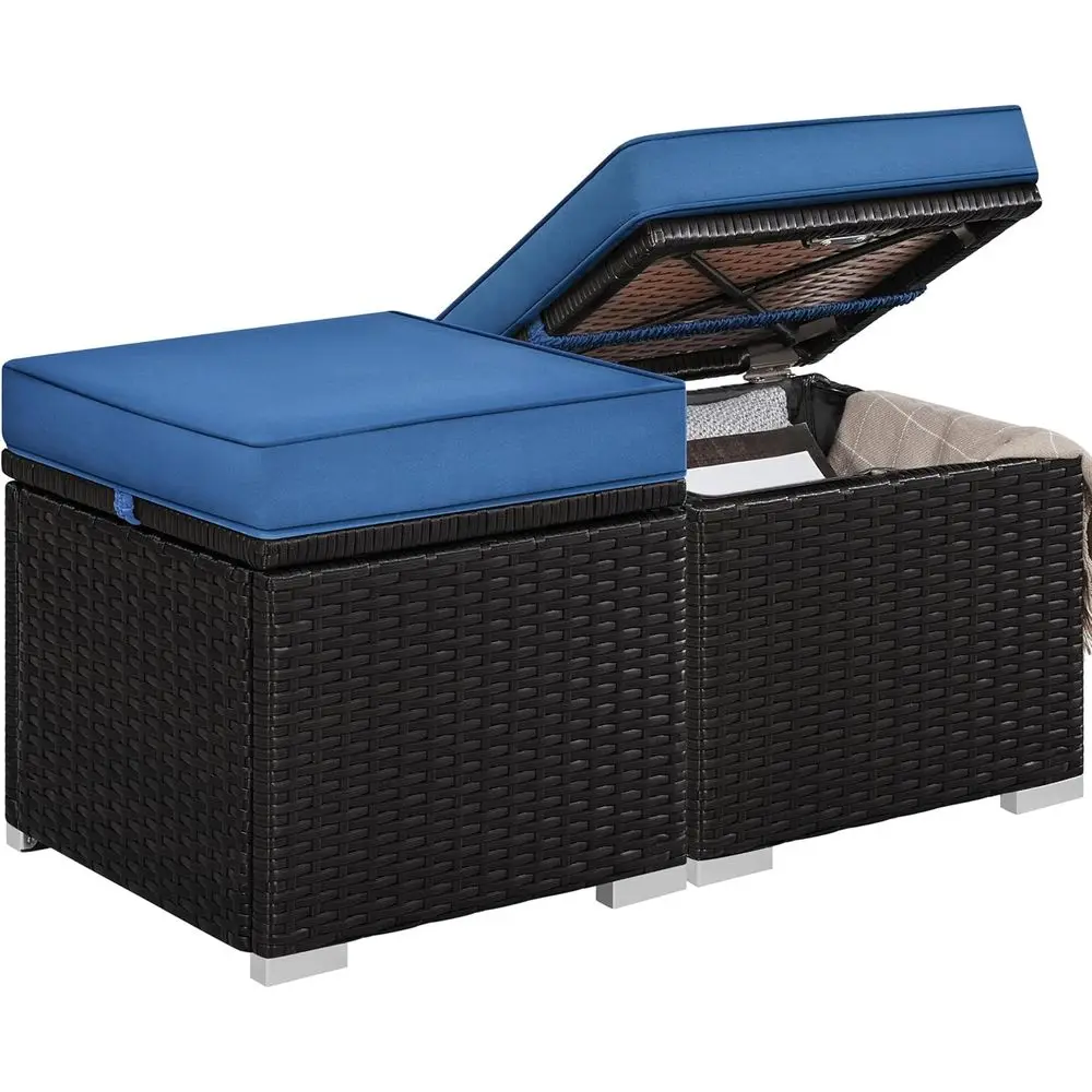 

2-Piece Outdoor Wicker Ottoman Set with Storage and Cushions, Suitable for Patio, Garden, and Balcony in Brown/K Blue