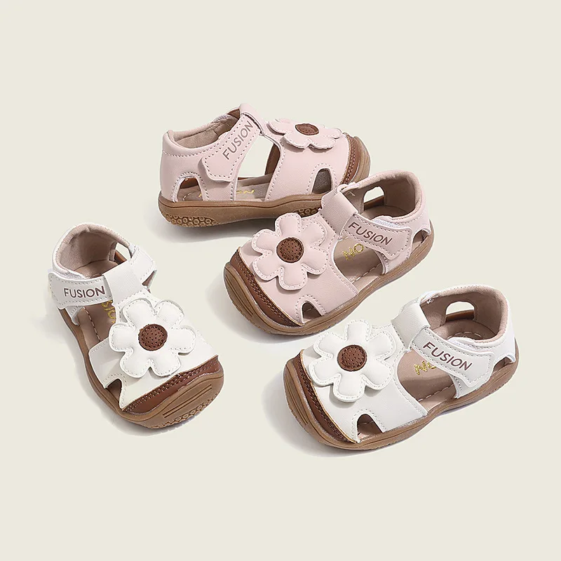 Little Girl First Walker Sandals Summer Flower Children Closed-toe Shoes Causal Hollow-out Lightweight Kids Outdoor Flat Sandals