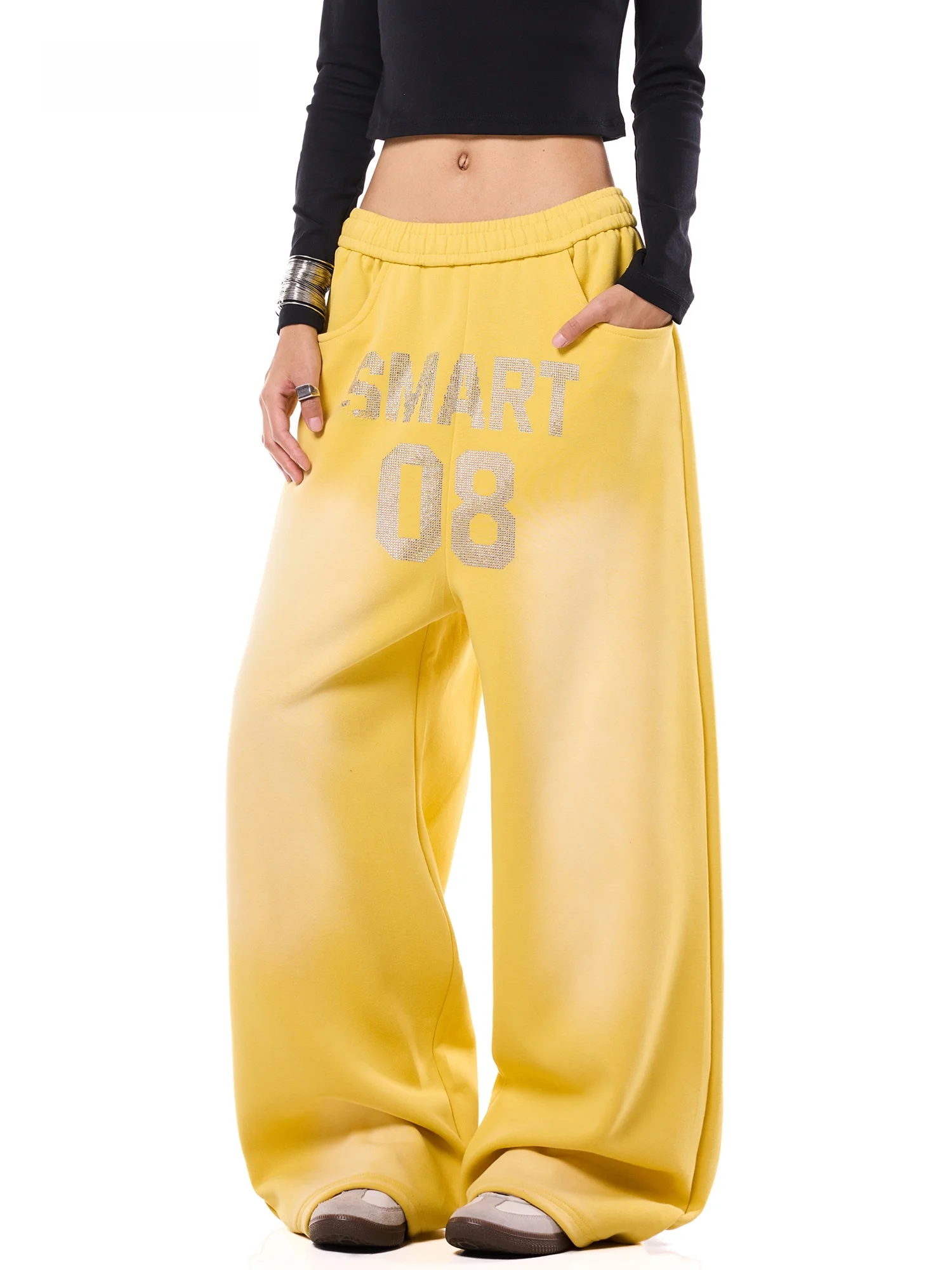 Yellow Letter Embellished Casual Sweatpants Women's Slimming Drapey Wide Leg Sporty Long Trousers Autumn New Arrival