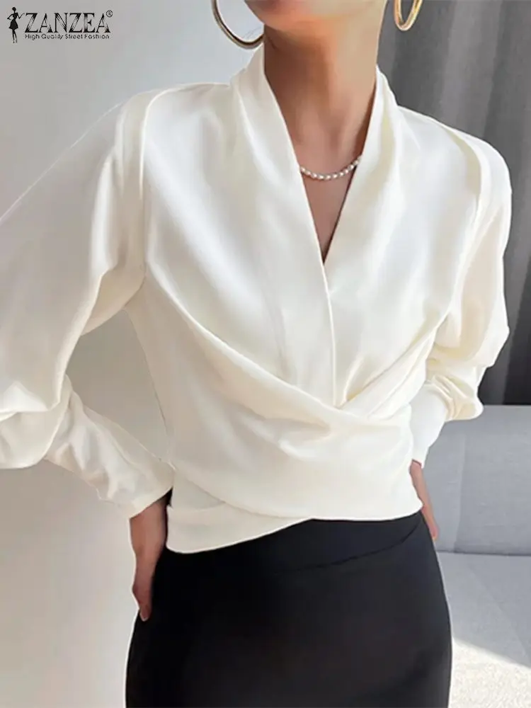 ZANZEA Fashion Wrapped Blouses Women Elegant Long Cuff Puff Sleeve V Neck Blusas 2023 New Waisted Short Tops Irregular Shirts