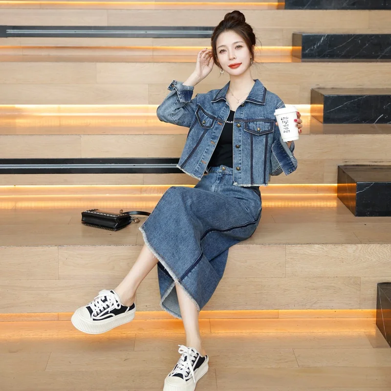 Denim Skirt Suit Women's Short Coat With Long Skirt 2023 Spring Autumn New Loose Everything Fashion Senior Sense Two-piece Set X