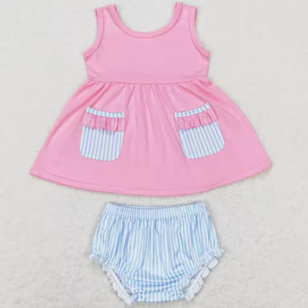 

Wholesale Clothing Blue Stripe Pocket Ruffle Pink Sleeveless Top Bloomer Toddler Girl Sets