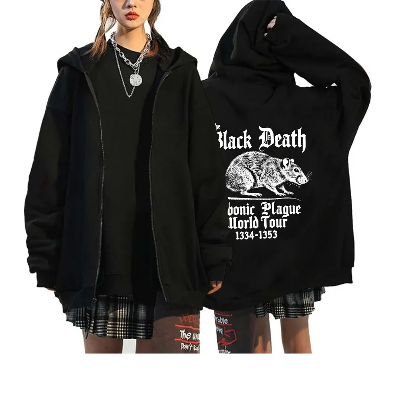

Men's Hooded Jacket Black Rat Printed Black Death Bubonic Plague World Tour 1334-1353 Gothic Streetwear for Casual Hip Hop Fashi
