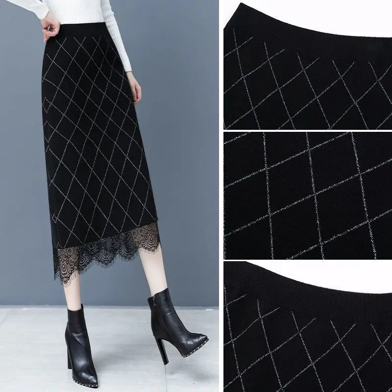 ニットチェック柄スカート レディース 秋冬新作 ミドル丈 ハイウエスト Aラインスカート レース 上品 ヒップカバー スカート