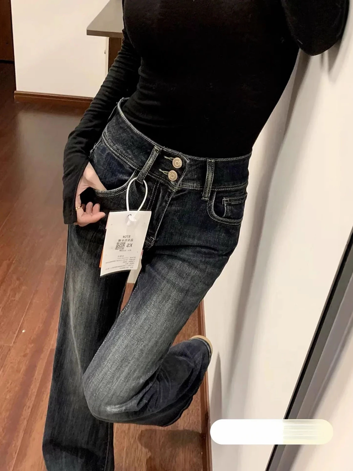 Women's Vintage Washed High Waist Wide Leg Jeans Double Button Denim Pants Slimming Leg-Lengthening Trousers
