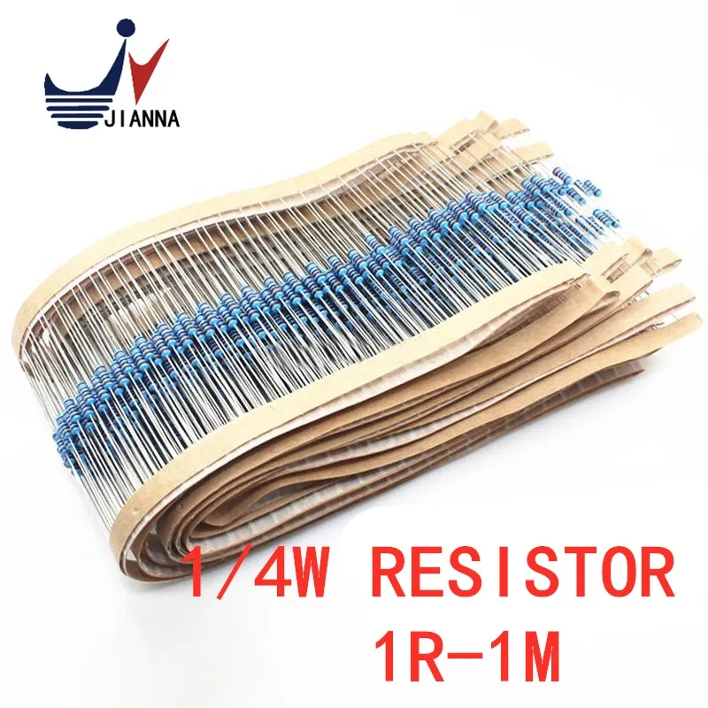 100pcs 1/4W Metal film resistor 1R ~ 1M 100R 220R 330R 1K 1.5K 2.2K 3.3K 4.7K 10K 22K 47K 100K 100 220 330 1K5 2K2 3K3 4K7 ohm