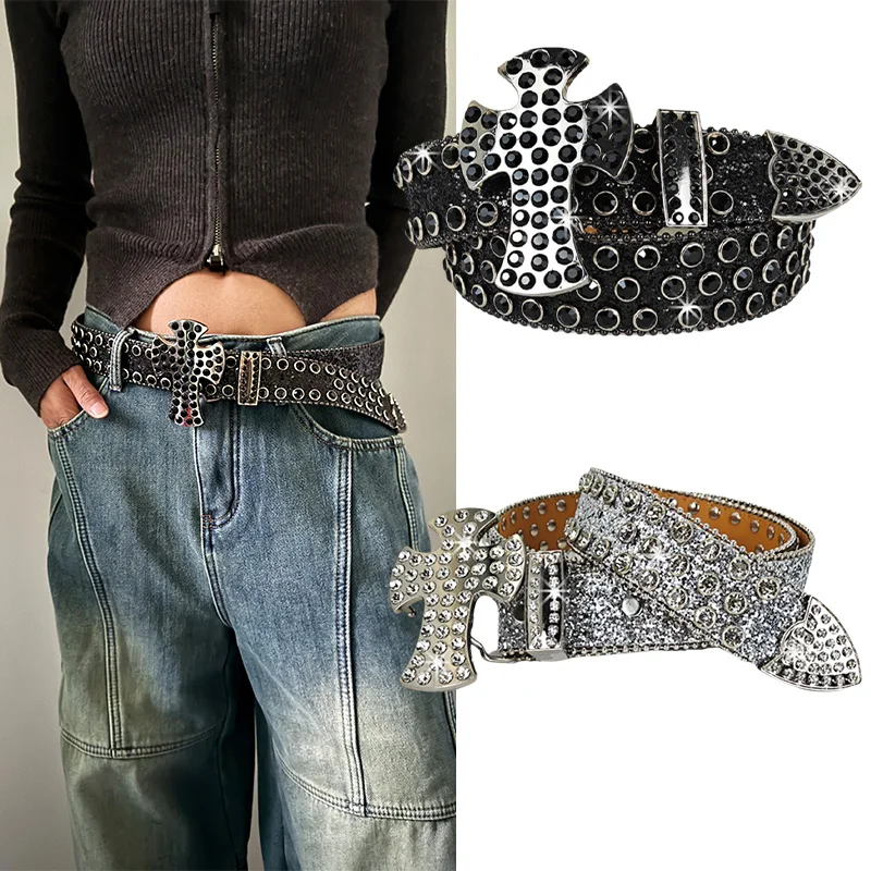 

Мужской ремень унисекс в стиле панк со стразами, мужской ремень с крестом в стиле вестерн, готический рок-ремень для женщин Y2K, джинсовый ремень больших размеров, женский пояс
