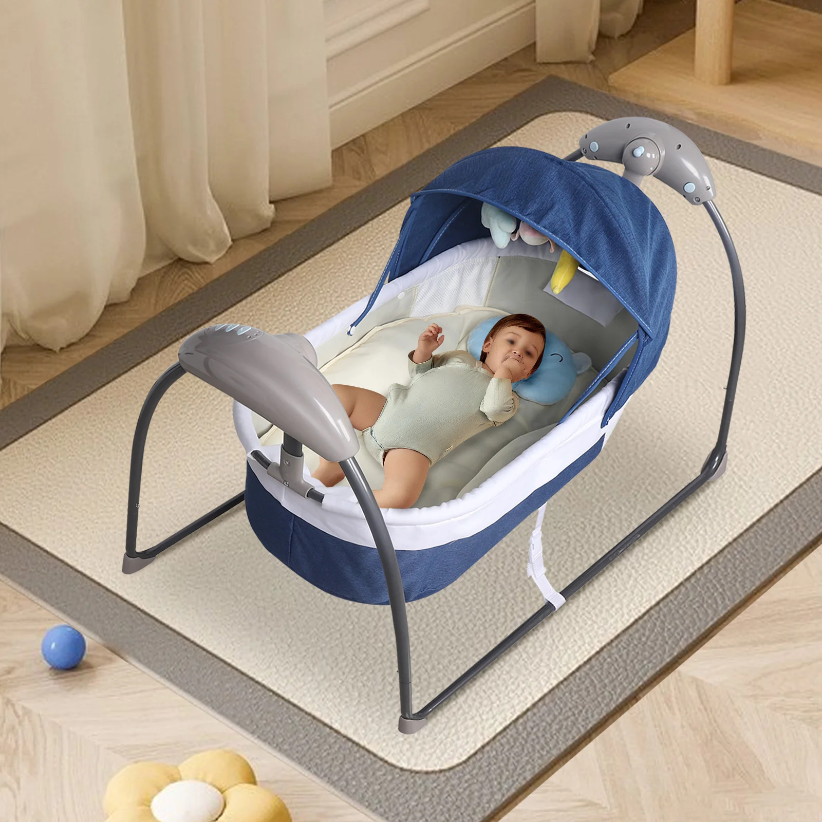 Blue Electric Baby Cot Baby Bed Automatic Swing Intelligent Bluetooth With Mosquito Net For Babies Between 0 And 12 Months