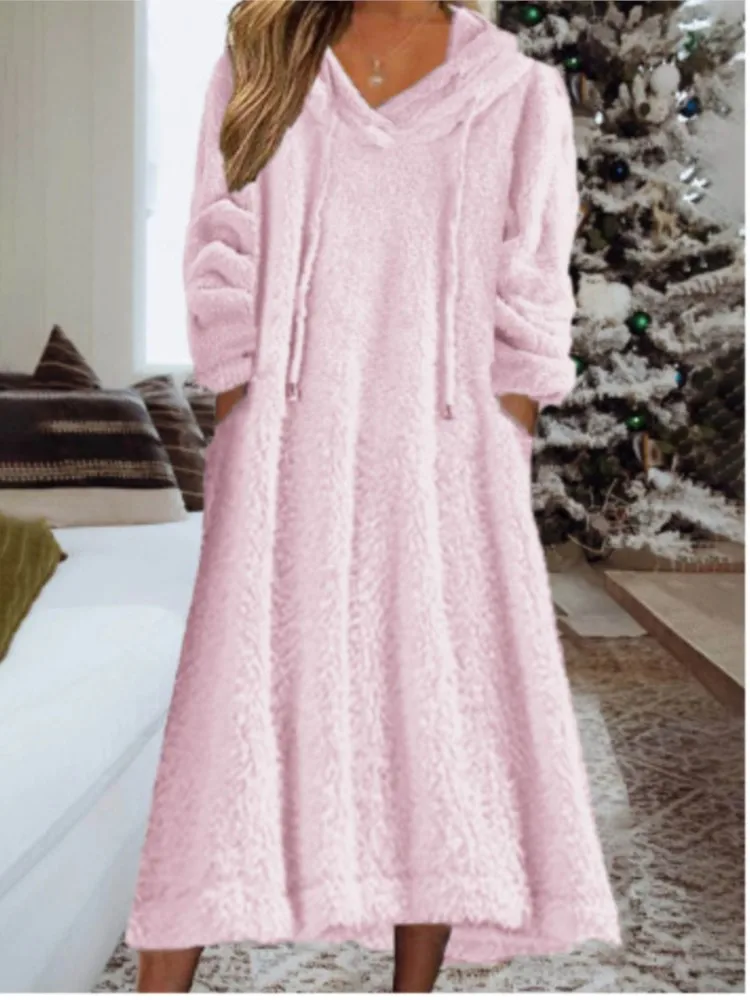 New Autumn Winter Casual Plush Hooded Long Sleeve Dress For Women Warm Home Wear Everyday Comfort Loose Maxi Dresses Robe Femme