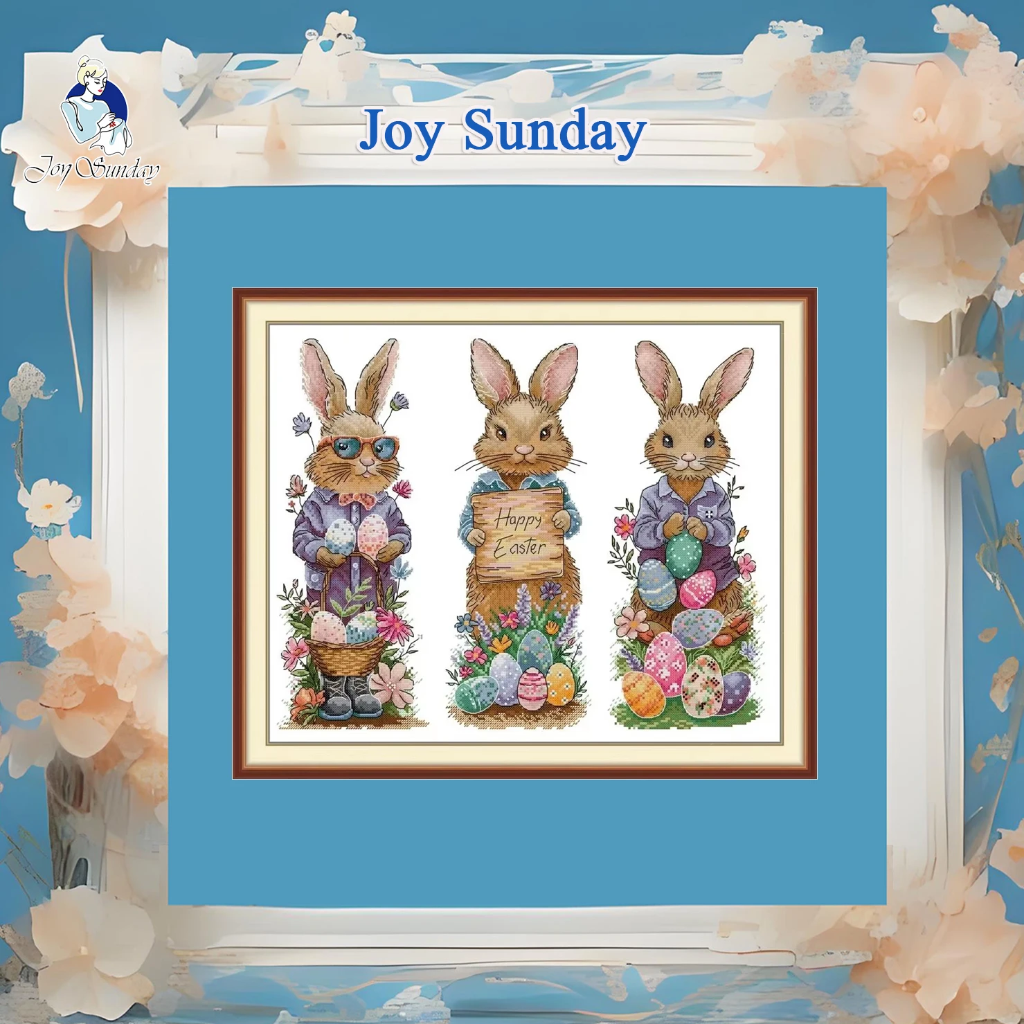 

Joy Sunday Pre-printed Cross Stitch Kit Easy Pattern Aida Stamped Fabric Full Embroidery Set-Three Cool Rabbits