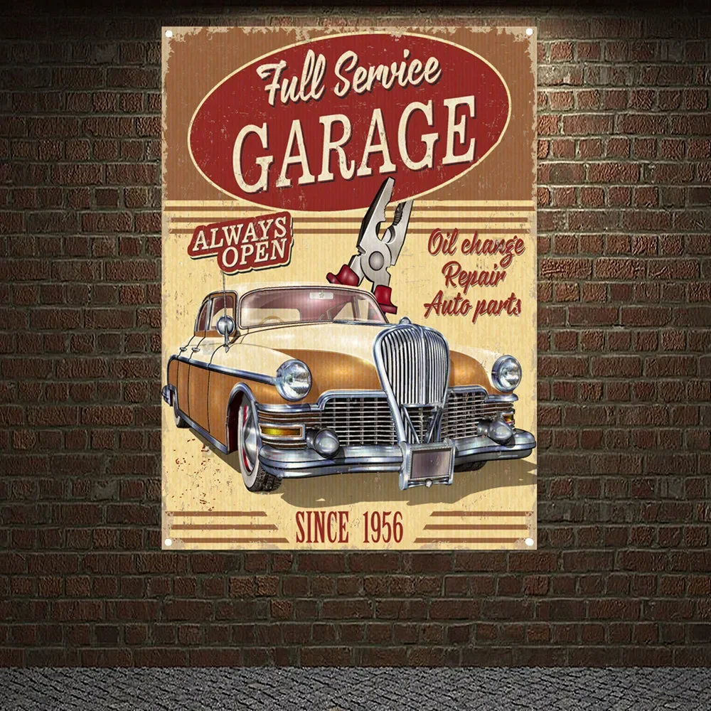 Всегда открывающийся гараж, винтажный постер для обслуживания автомобилей, гобелен, авторемонт, магазин, баннер, настенная живопись, АЗС, мужская пещера, Декор, флаг