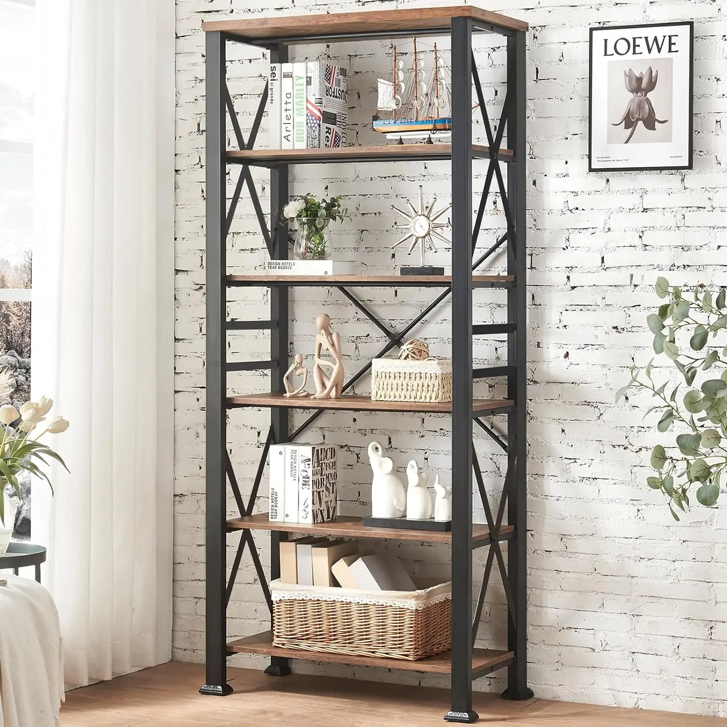 

HOMBAZAAR Bookshelf, 6-Tier Industrial Bookshelf, Etagere Bookcases and Bookshelves, Tall Bookshelf Storage Organizer, Freestand