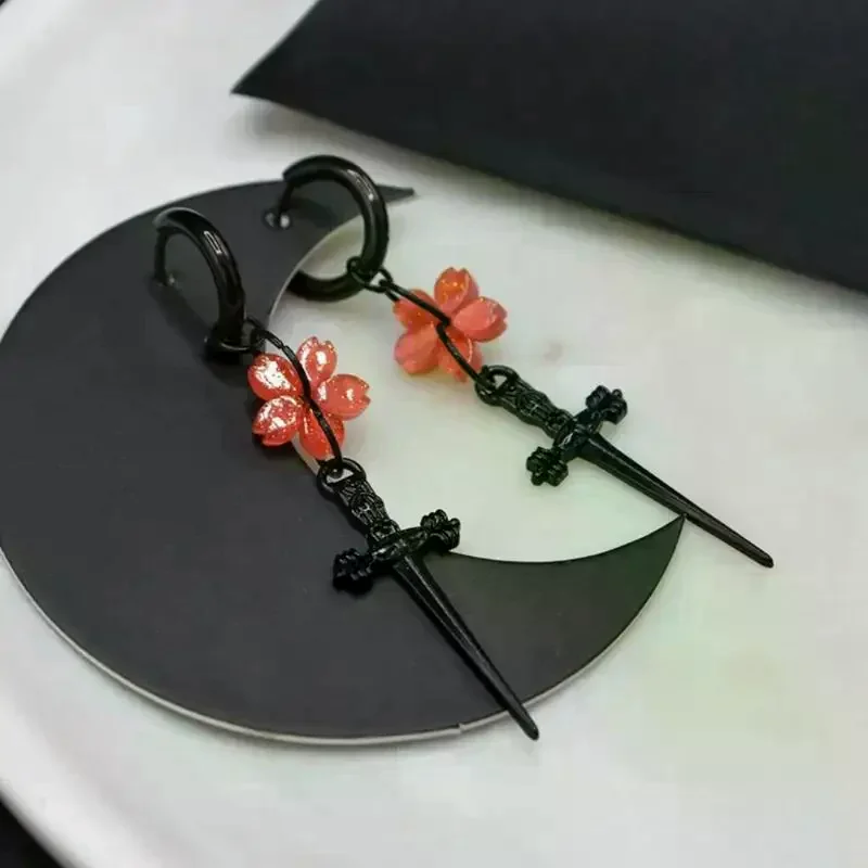 Punk Black Sakura Blade Earrings Gothic Cherry Blossom Sword Pendant Small Hoop Earrings Japanese Jewelry
