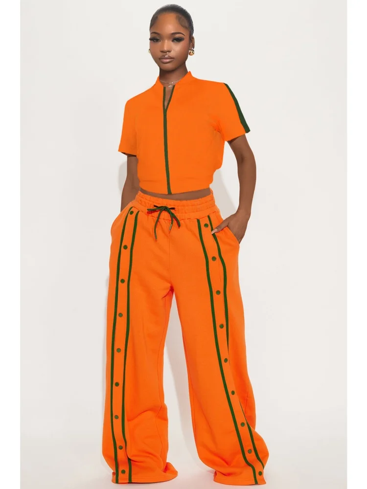 

Sister Star Women's Suit Wholesale Solid Color Sports Strappy Row of Buttons Loose Pockets Wide Leg Pants Zipper Two-piece Set