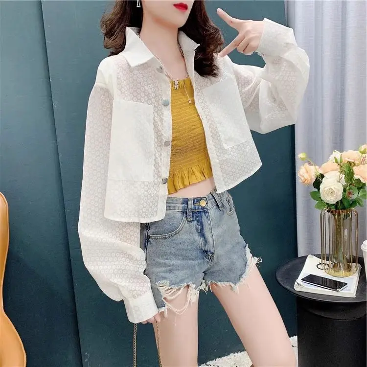 Summer Women Blouses Puff Sleeve Long Chiffon Sunscreen Shirts Cardigan Black White Loose Casual Sun Protection Shirt Tops A488