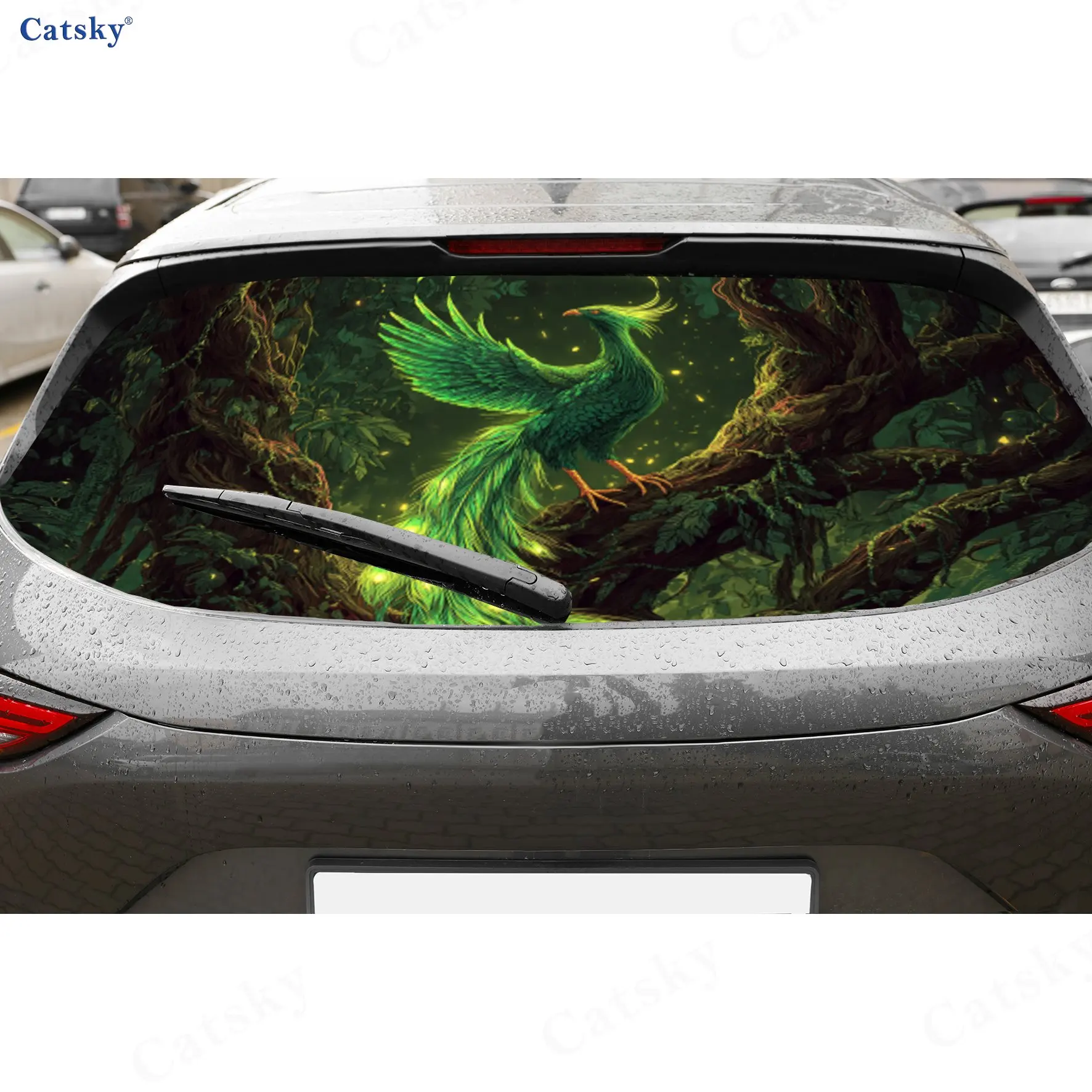 Forest Green Phoenix PVC Perforated Car Vinyl Wraps, Durable Car Rear Windshield Sticker, Waterproof Car Rear Window Decal