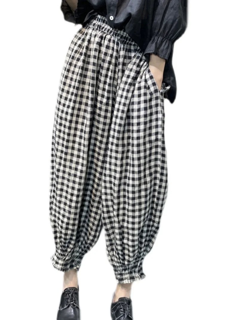 Retro Japanische Sle Bla Weiß Plaid Baumwolle Leinen Laterne Hosen Lose Elastische Taille Vielseitig Harajuku Sle plus Größe Frauen...