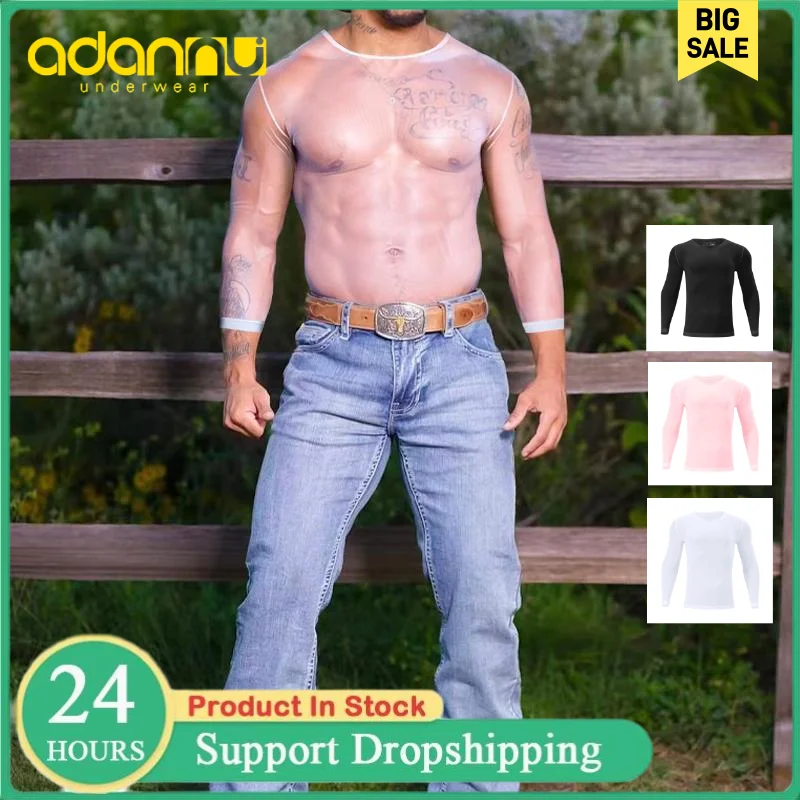 Men's Sexy Transparent Mesh Undershirts Underwear Male Gay Long Sleeve T-shirts Tops Slim Fitness Gym Bodybuilding Homewear