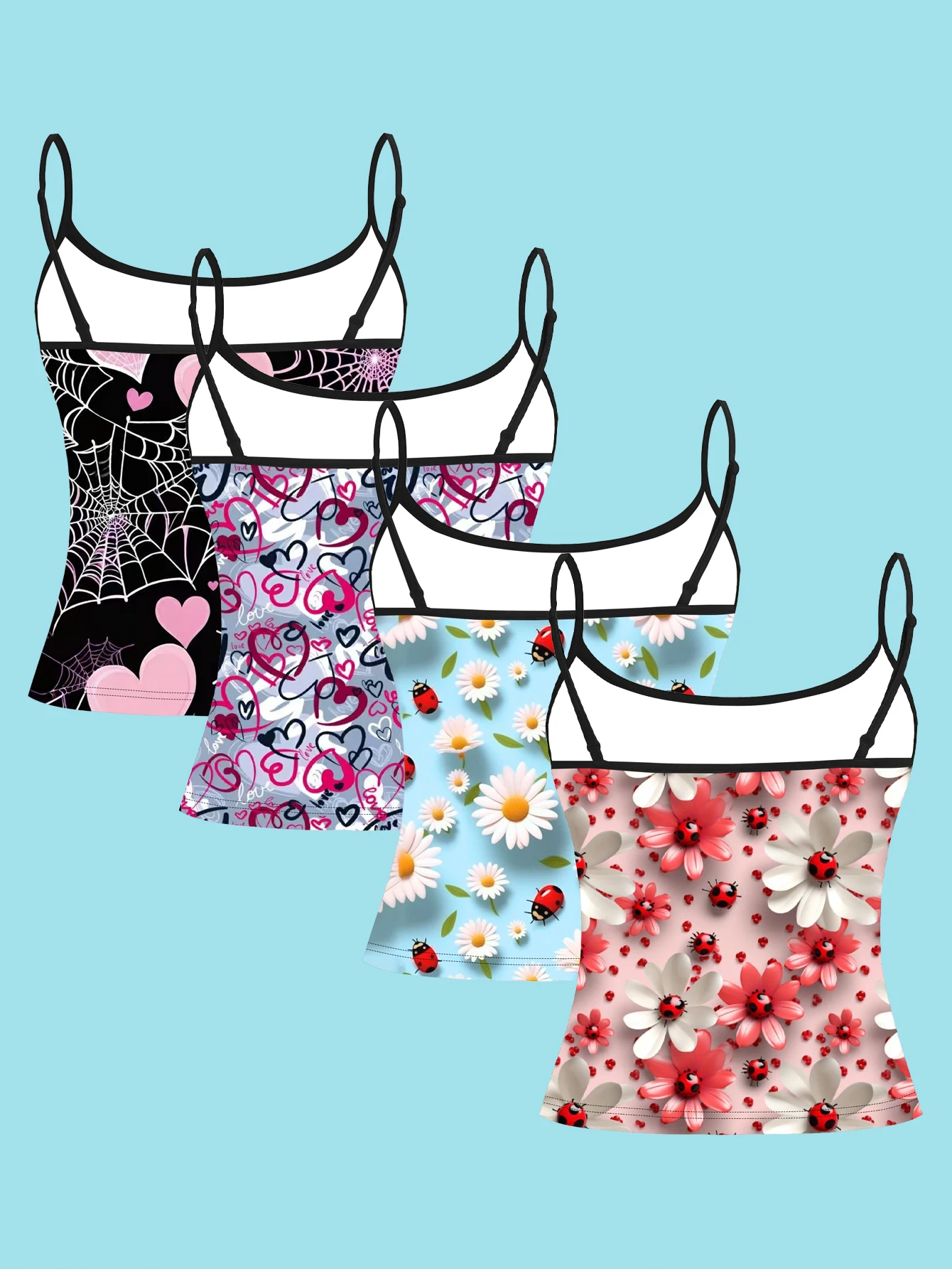 4-Piece Set of Spider Web, Heart, Graffiti, Daisy, and Ladybug Print Camisoles, Sweet and Cool Style with Contrasting Floral Designs, Slim-Fit Spaghetti Strap Sleeveless Tops for Women, Suitable for Wearing Alone or Layering