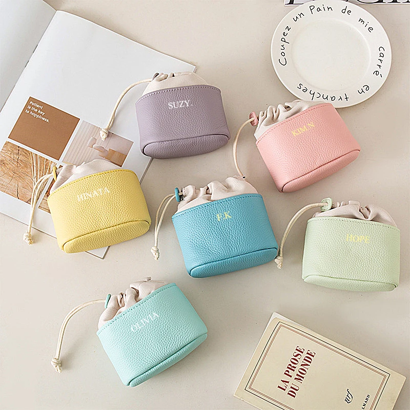 Personalized Woman Fashion Coin Purse Genuine Leather Casual Luxury String Pouch Custom Name Earphone Bracelet Storage Bag Gift