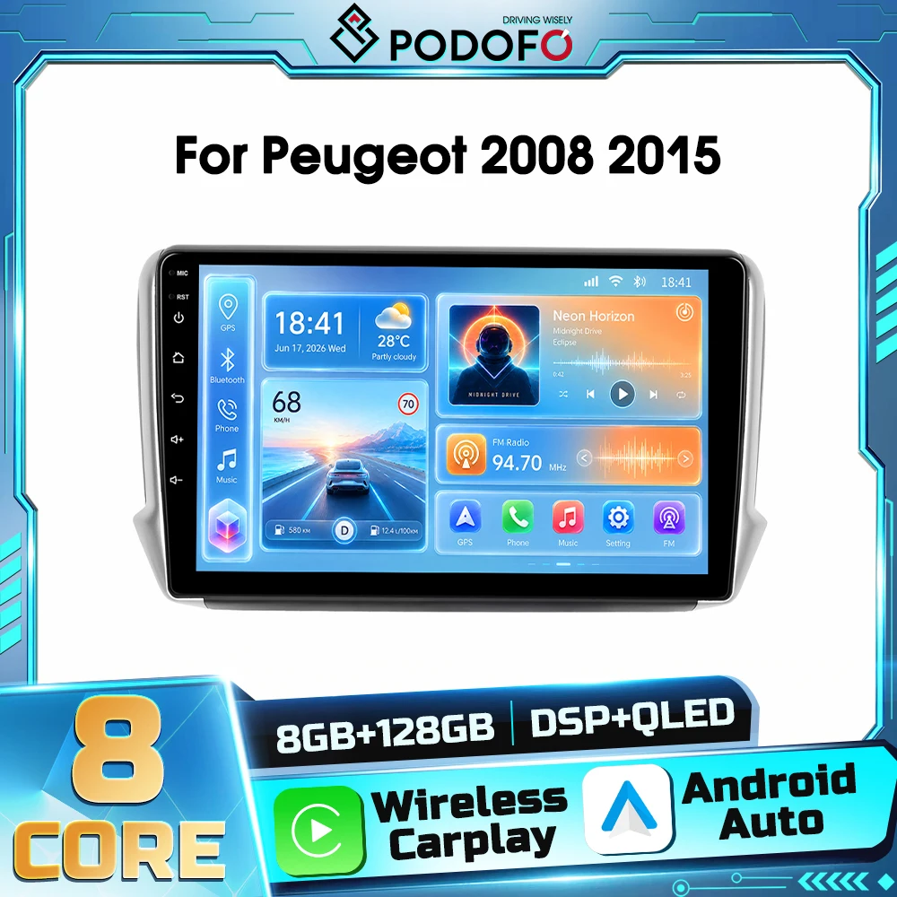 Autoradio Android 2DIN Podofo per Peugeot 2008 2015, con ricevitore FM RDS, Bluetooth, WIFI, DSP, Carplay wireless, Android Auto e navigazione GPS